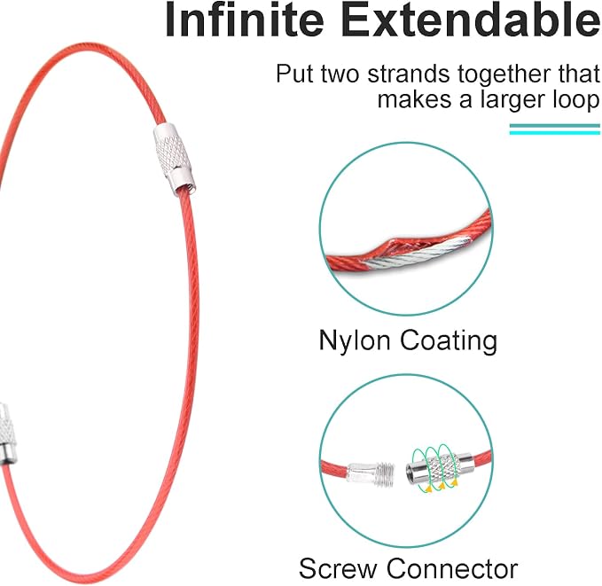 CooBigo 25 Pack Stainless Steel Loops 2mm Coated Wire Keychain Cable Large Key Rings 6 inch Key Chain for Women, Luggage Tags, Key Tags, Keyrings, Kitchen Utensils, Duster - Red