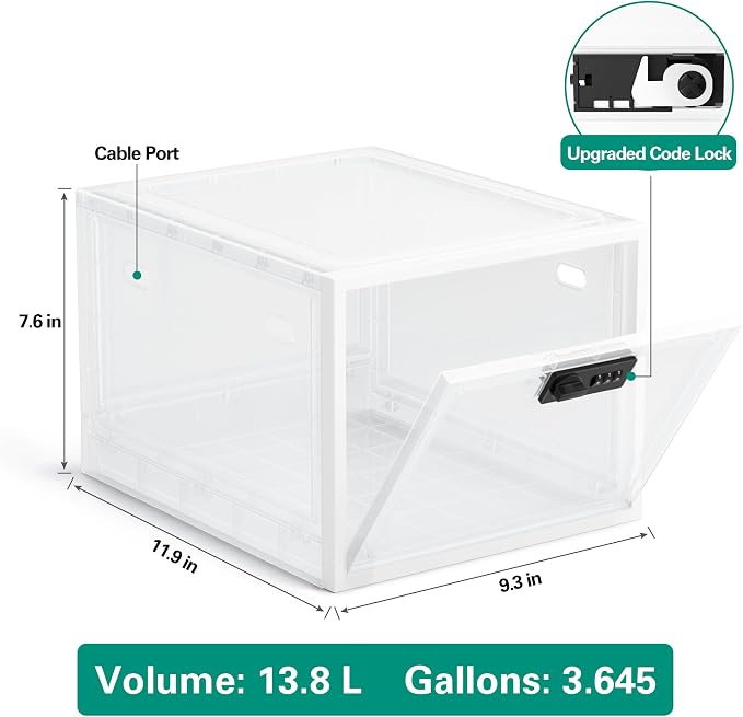 Large Medication Lock Box with Code, Clear Lockable Storage Box for Refrigerator, Cabinet & Dorm, Stackable Medicine Box for Prescriptions, Snacks, Phone, 11.9" x 9.3" x 7.6", White