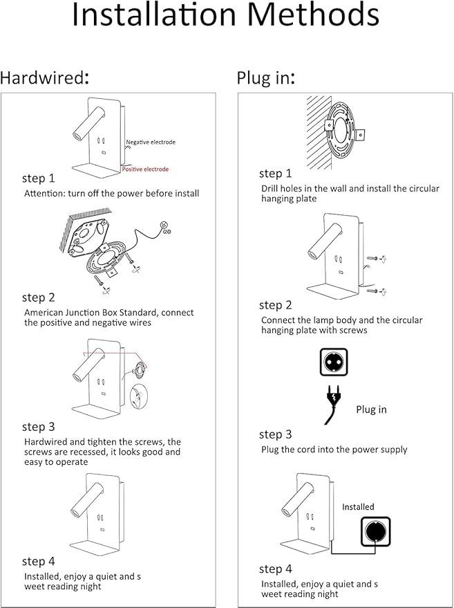 ZEROUNO Plug in Wall Light Bedroom Wall Mounted Reading Light LED Bedside Sconces with Switch USB Port Wall Lighting Lamps 3000K(White)
