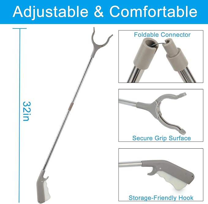 2 Pack Stainless Steel Grabber Reacher Tool, 32" Foldable & 16" Rigid Short Reacher, 360° Rotating Jaw Heavy Duty Trash Picker, Durable Pickup Tool for Seniors, Home & Garden (Gray)