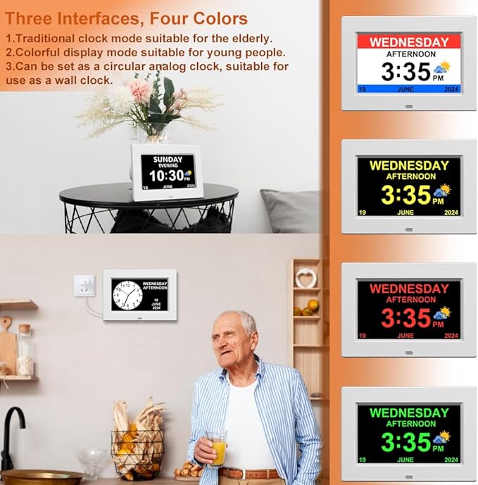 AINFTIME DST Digital Clock with Date and Day of Week for Elderly-12 Alarms Medication Reminder Dementia Alzheimers Clock Calendar with Extra Large Display No Power Adapter (7 inch White)