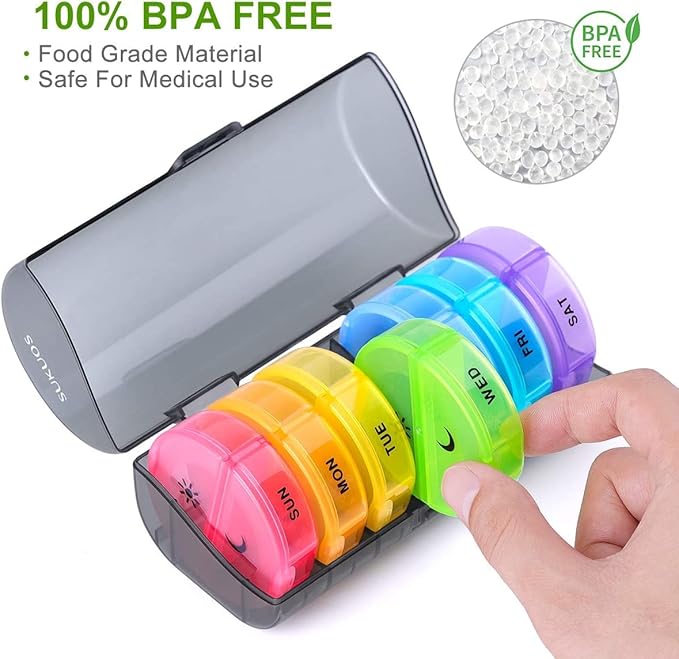 Sukuos Large Weekly Pill Organizer 2 Times a Day, Daily Pill Box 7 Day Easy to Open with Double Protection, AM PM Pill Case for Medicine/Vitamin/Fish Oil/Supplements (Green)