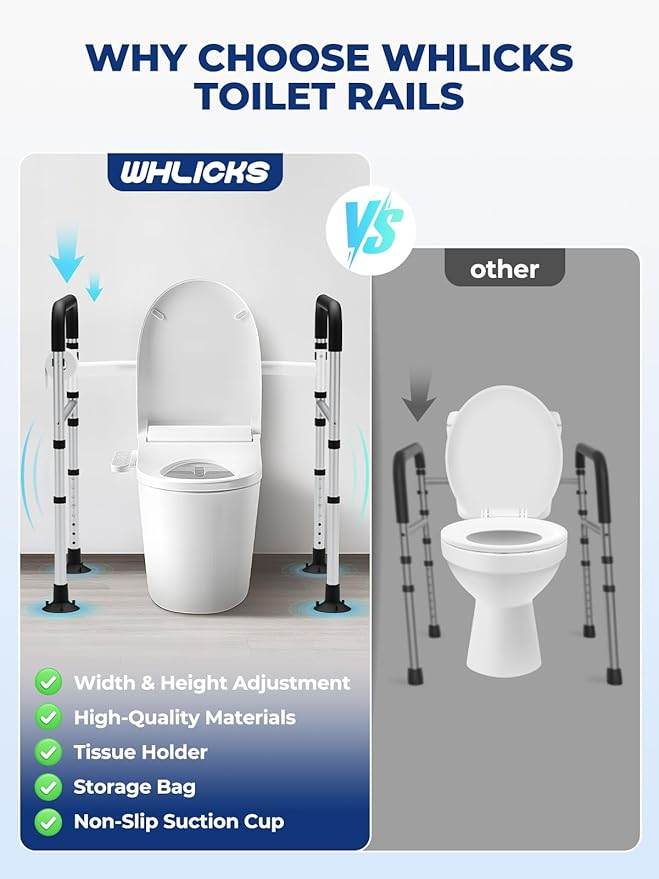 Toilet Safety Rails, Height & Width Adjustable Detachable Toilet Safety Frame for Seniors, Elderly & Disabled, Foldable Handicap Toilet Rails with Handles Storage Bag, Tissue Holder (350LB)