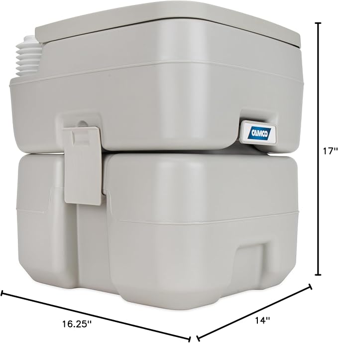 Camco 5.3-Gallon Portable Toilet - Features Detachable Holding Tank w/Sealing Slide Valve & Bellow-Type Flush - Easy Transport w/Compact Lightweight Design & Carry Handle - Gray (41541)