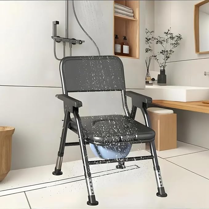 4-in-1 Folding Steel Bedside Commode Chair, Portable Toilet,Toilet Seat with Arms Handles and Back Support, Adults Potty Chair with Paper Roll Holder for Seniors, Disabled, and Pregnant (Black)