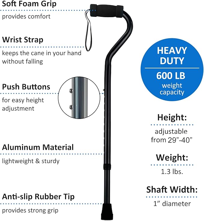 Sky Med Aluminum Lightweight Bariatric Heavy Duty Cane-600lbs Weight Capacity, for Women & Men, 1.3 lbs. Product Weight, Soft Hand Grip, Carrying Strap, Offset Handle (Black)