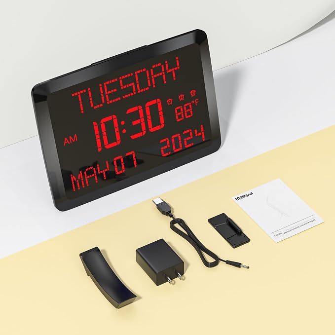 11.5โ Extra Large Digital Wall Clock with Date and Day of Week , Electric Desk Clock for Seniors, Large Display Alarm Clock for Bedroom with Battery Backup, 5 Dimmer, 2 USB Ports, Indoor Temp, 12/24H