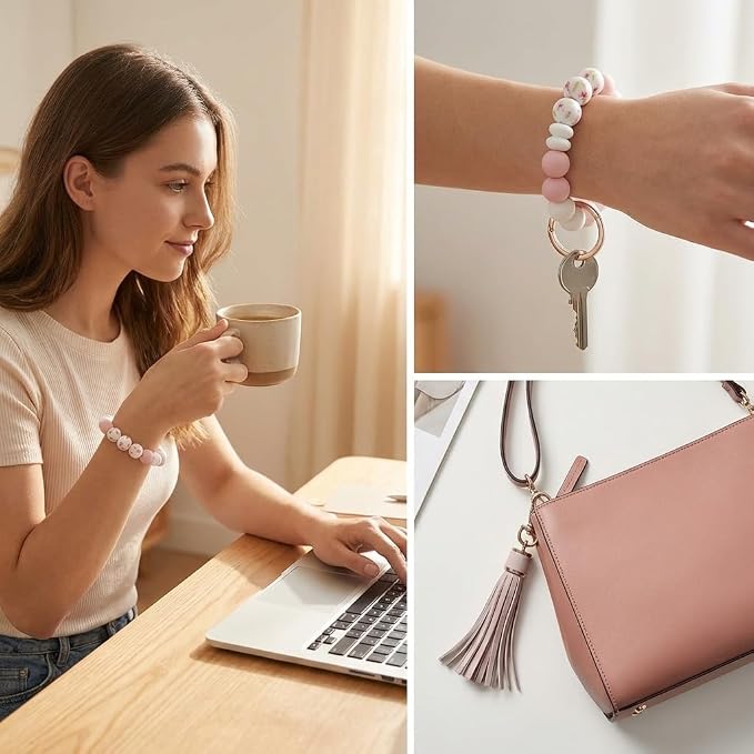 BIHRTC Key Ring Bracelet Car Keychain Holder Wristlet Silicone Women Beaded Bangle Chains
