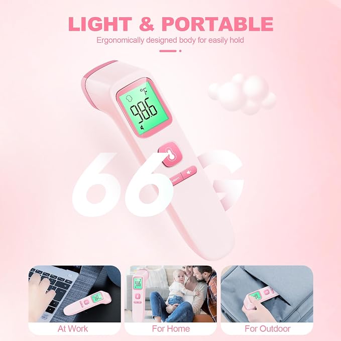 No-Touch Thermometer for Adults, Kids, Babies, 1-Sec Fast Accurate (Pink) | Fever Alarm, Large LCD with 3-Color Backlight, Silent Mode, 35-Reading Memory, Forehead & Object Mode, for Home & Clinic