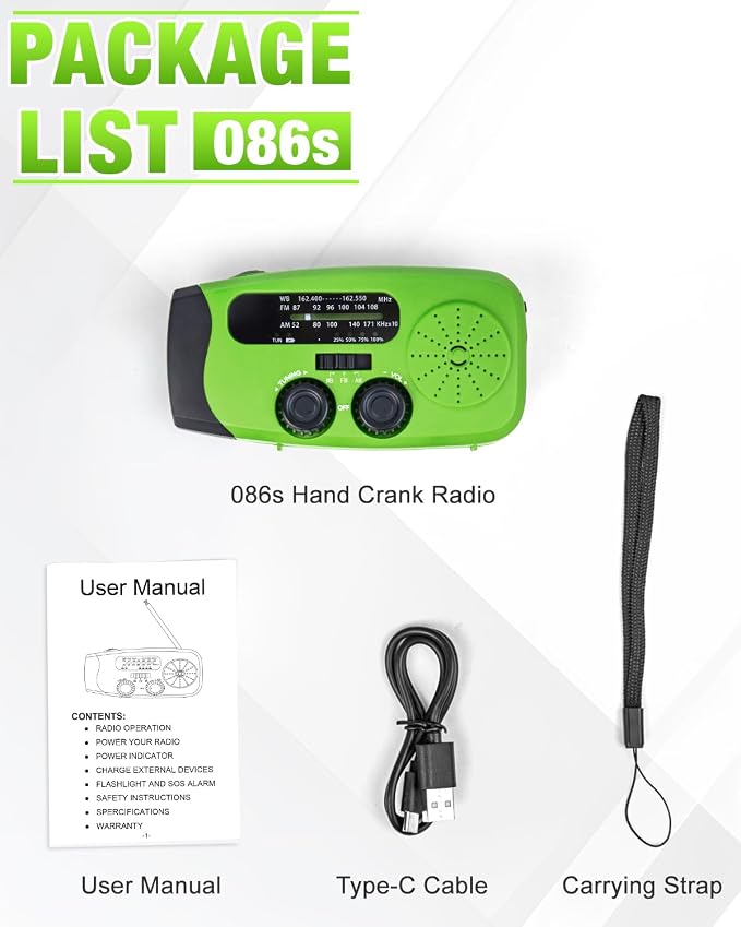 Hand Crank Radio with AM/FM/NOAA Weather Bands,for Emergencies, Camping | 3 LED Flashlights,SOS Function,Solar Powered,Hand Cranked, 2000mAh/7400mWh Charger,for Power Outage - Green