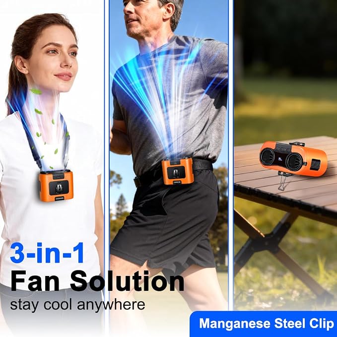 CAZOKASI 2026 Upgrade 20000mAh Waist Clip Fan Wearable Fan Portable Personal Body Fan Powerful Upto 36H Cooling and Heatstroke Prevention Fan(20000mAh/Orange)
