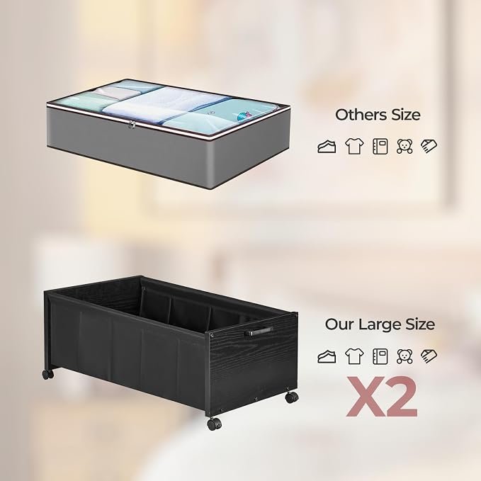FOUCSSOMEI Under Bed Storage with Wheels, Wooden Under Bed Drawers On Wheels, Rolling Under Bed Shoe Storage, Space Saving, Black,Quadruple Size,90L