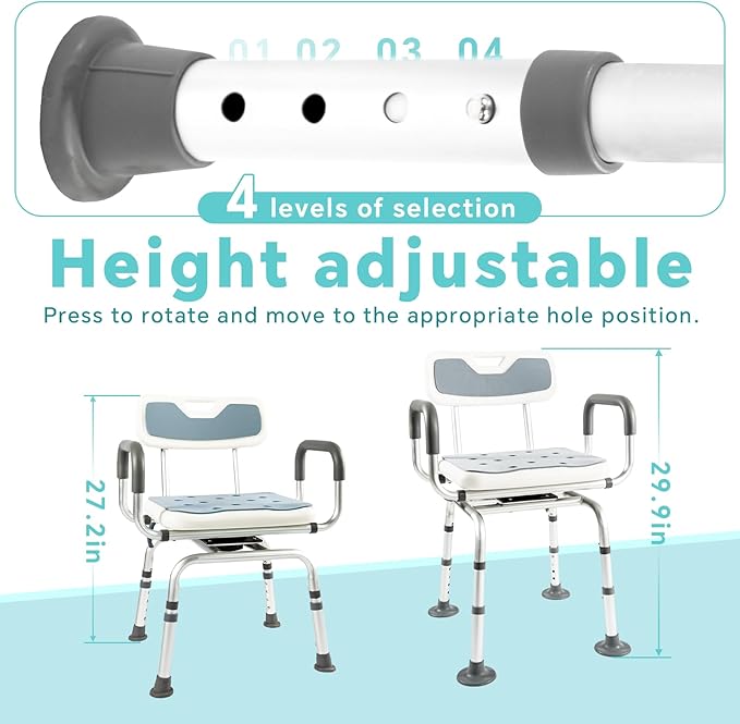 360° Swivel Shower Chair with Padded Arms and Back, Non-Slip Heavy Duty Bench Seat for Seniors, Disabled or Bariatric, Height Adjustable for Inside Shower Stall, Bath Tub, 400 lb Capacity