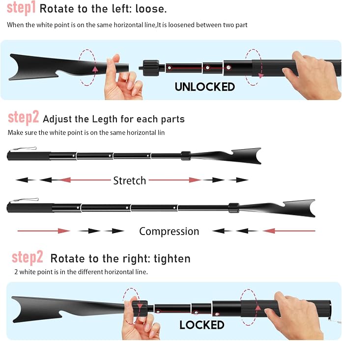 Shoe Horn Long Handle, 16.9'' - 37.4'' Telescopic Metal Shoe Horn with Trouser Hook and Sock Removal Aid, Adjustable Long Shoehorn for Seniors Men Women Kids
