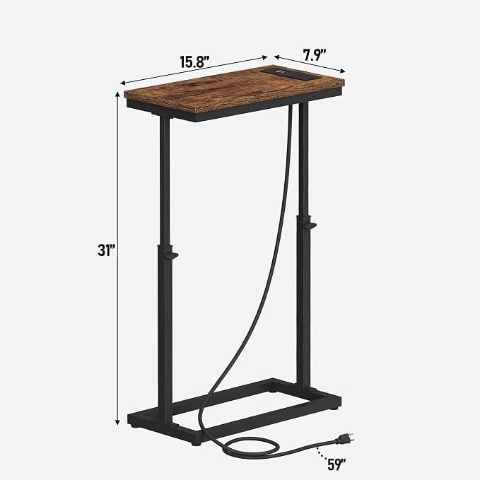 TUTOTAK End Table with Charging Station, Side Table, Tall Couch Table | Sofa Table, for living Room, Bedroom, Brown TB01BB084