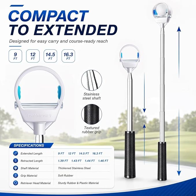 CHAMPKEY Upgraded Auto-Locking Golf Ball Retriever Performance Version - Thicken Telescopic Shaft Golf Ball Picker - High Durability and Stability Golf Retriever