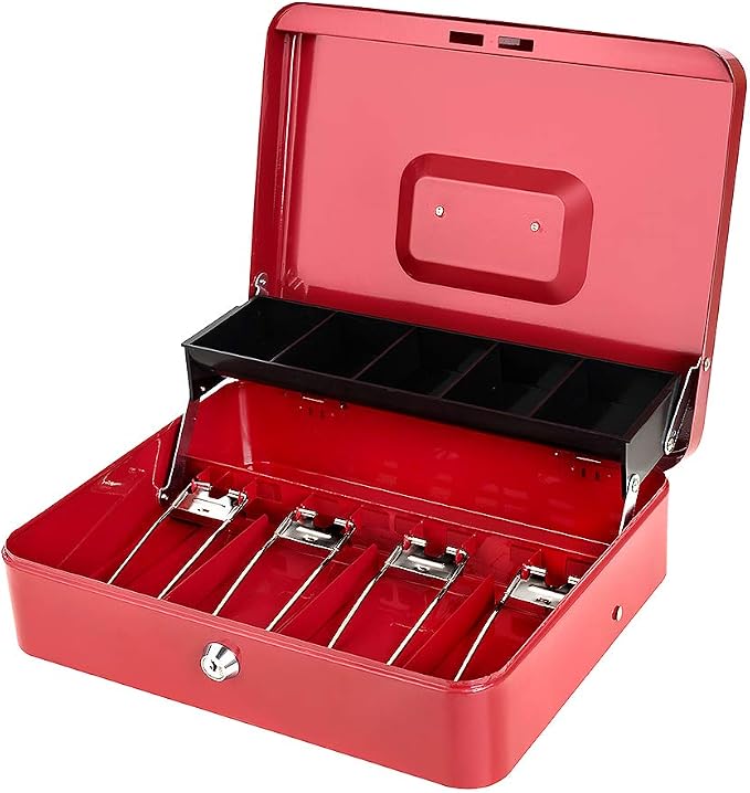 Cash Box with Money Tray and Key Lock Large Metal Money Safe Box with Cantilever Coin Tray, Lock Box for Money 11.8" x 9.4" x 3.54" Red