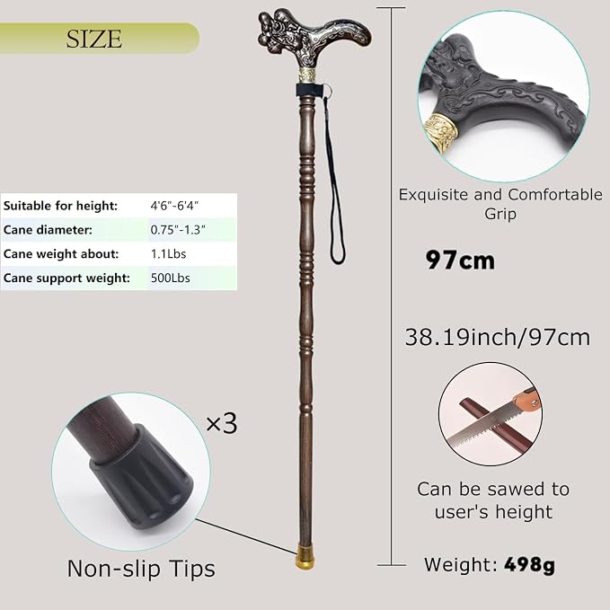 Wooden Walking Canes for Men and Women, Natural Rosewood Walking Sticks for Senior Support, Up to 500 Lbs Walking Stick, Heavy-Duty Walking Cane for Men, Suitable for Gift