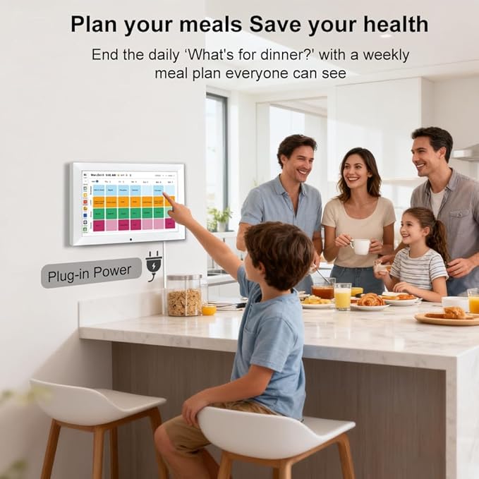 CAZOKASI Smart Digital Calendar Family Planner Chore Chart HD Touchscreen Meal Planner & Photo Display Syncs with Online Calendars Includes Desk Stand & Wall Mount(10.1 Inch Digital Calendar - White)