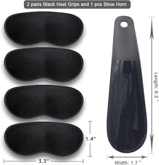 Dr.Foot Heel Grips for Men and Women, Self-Adhesive Heel Cushion Inserts Prevent Slipping, Rubbing, Blisters, Foot Pain, and Improve Shoe Fit - 2pairs + Extra 1 Shoe Horn (Black)