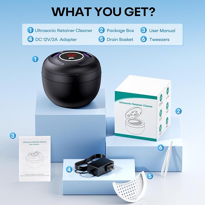 Upgraded Ultrasonic Retainer Cleaner Machine, 45kHz Ultrasonic Dentures Cleaner for Night Guards, Braces, Aligner, Toothbrush, Jewelry and More, 200ML Capacity, Black1