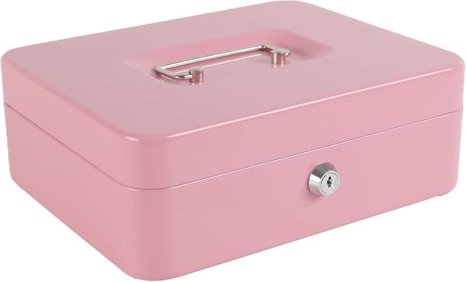 xydled Locking Steel Large Cash Box with Removable Coin Tray and Key Lock,9.84"x 7.87"x 3.54",Pink