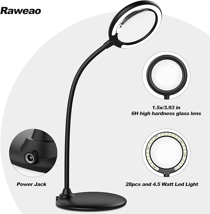 5X Rechargeable Magnifying Glass with Light and Stand, Raweao Dimmable Lighted Magnifying Lamp Glass for Reading, Close Work, Hobbies, Crafts