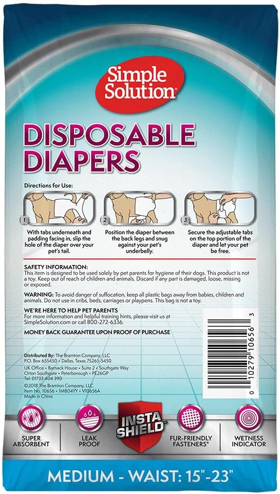 Simple Solution Female Dog Diapers, Disposable Dog Diapers, M, 12 Count | Dog in Heat, Potty Training, Incontinence Support, Leak Proof, Puppy Training, Disposable Protection, Secure Fit, 15-23 Inch
