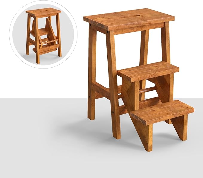 Costzon Folding 3 Step Stool, 3 in 1 Wooden Step Ladder with Handle, Non-Slip Pedal, Multifunctional Storage Shelf, Flower Rack for Kitchen, Library, Garage, Foldable Step Stool for Adults Kids