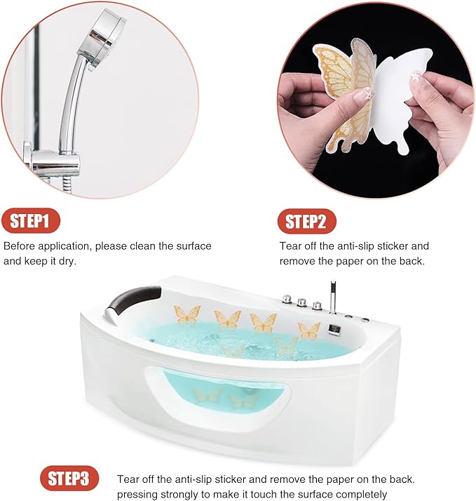 20 PCS Non Slip Bathtub Stickers, Adhesive Butterfly Anti Slip Decal Treads for Shower and Bath Tub with Premium Scraper (Gold)