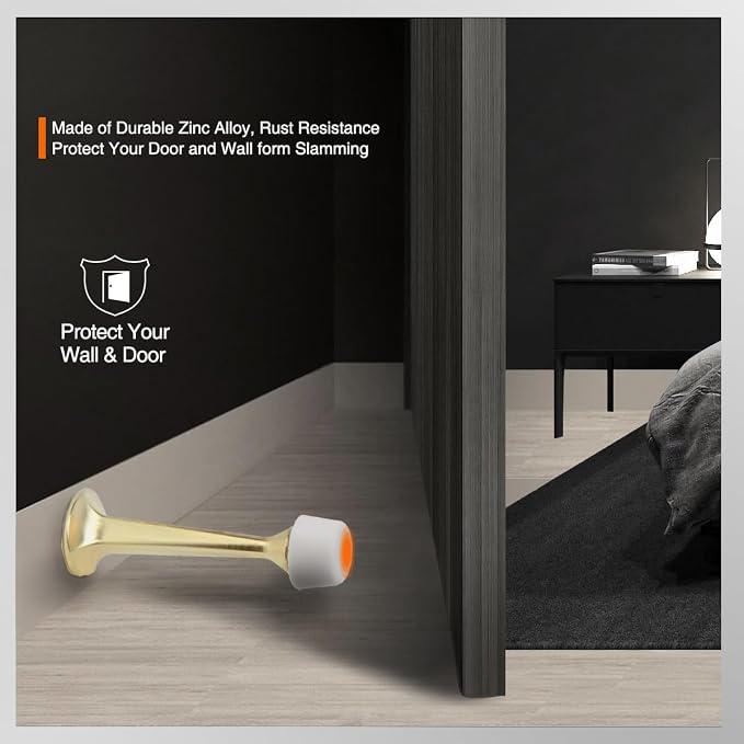 10 Pack Gold Solid Rigid Door Stops - Heavy Duty Door Stoppers Wall Protector with Soft Rubber Tips, Brushed Brass