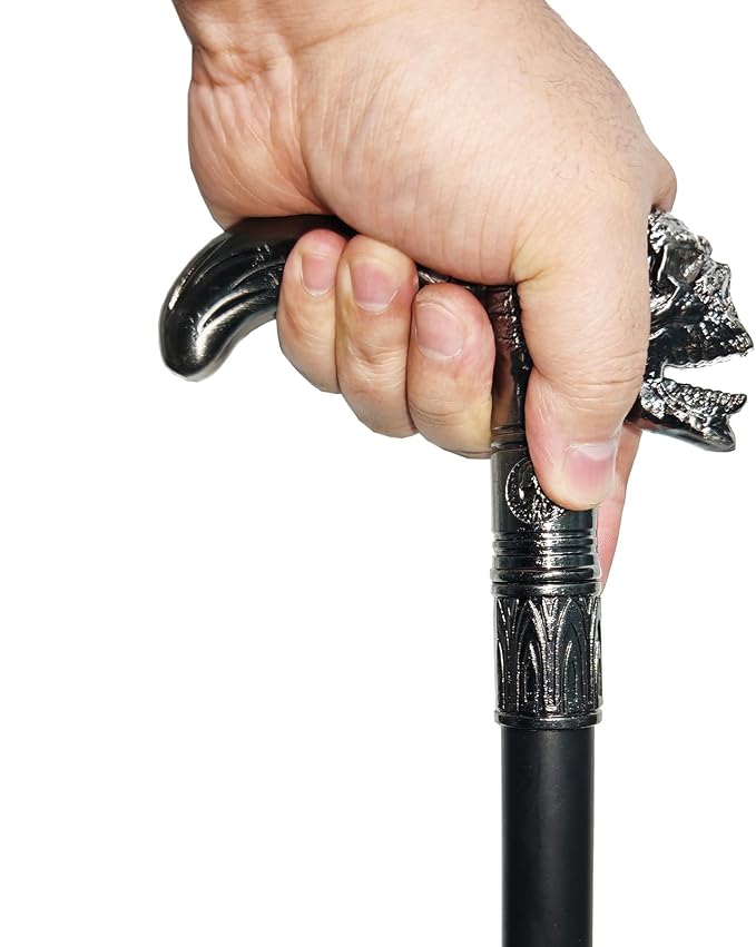 Walking Cane for Men & Women & Seniors - 36.5 Inch Heavy Duty 500+ lbs Capacity, Skull Ergonomic Handle, Decorative & Ornate Design, Gothic & Goth Elegant Black & Silver Artistry, Metal Cane