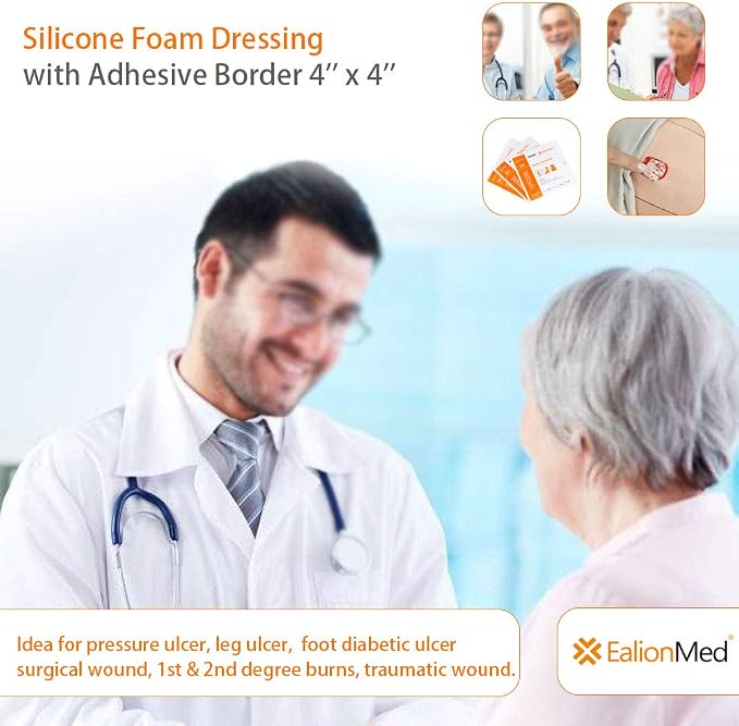EalionMed Silicone Foam Dressing with Gentle Adhesive Border 4''x4'', 10 Pack, Painless Removal High Absorbency Bed Sore Wound Bandage for Pressure Sore, Leg Ulcer, Diabetic Ulcer