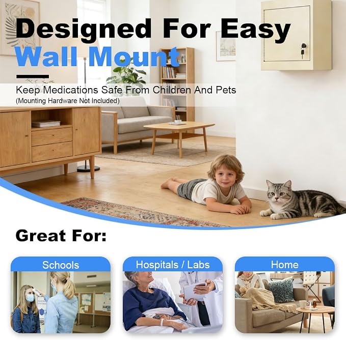 Yeeoy Locking Medicine Cabinet with Double Doors, Wall Mount Narcotics Cabinet, Steel Drug Cabinet with Adjustable Shelves, Secure Storage Box for Medications, First Aid & Home Safety, Beige