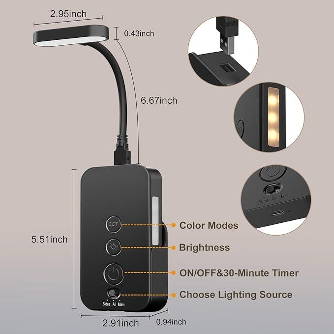 Ellasay Wall Mounted Reading Light: Dimmable LED Book Lights with Timer & Memory - Adjustable Gooseneck USB Powered - Easy Install for Kids Bedroom/Dorm Room/RV 1 Pack (Black)