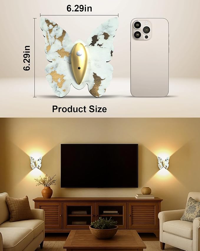 Eneru Motion Sensor Wall Sconce Set of 2, Rechargeable Wall Lights, Indoor | 5000mAh Battery Operated Wall Sconces, Magnetic Butterfly Motion Night Light for Hallway Stair Closet Pantry, White & Gold