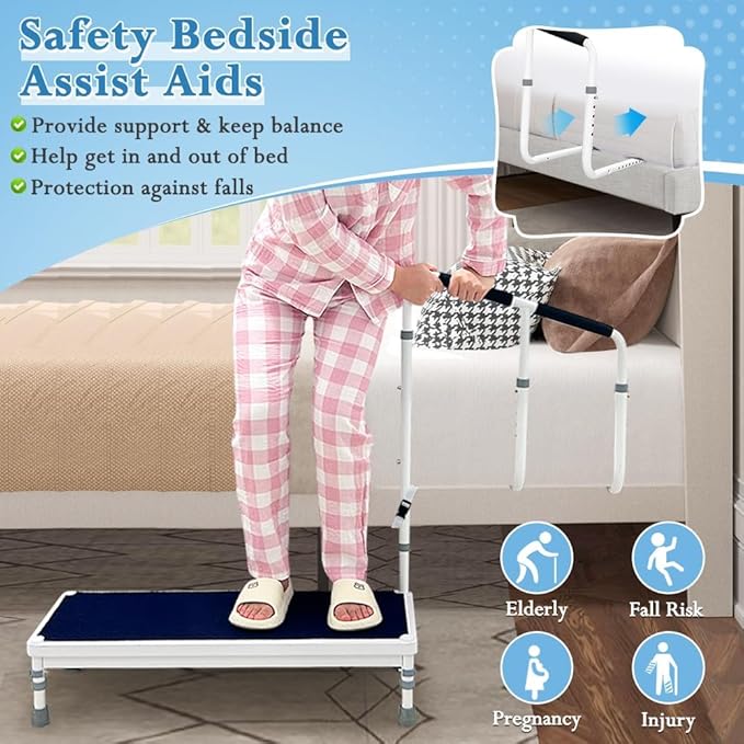 Bedside Steps for High Beds Step Stool with Handle for Elderly Bed Guard Rails for Adults Fall Prevention Devices Bed Cane Assist Bar Handrails Seniors Wide Platform Footstool (31.6"- Stool)