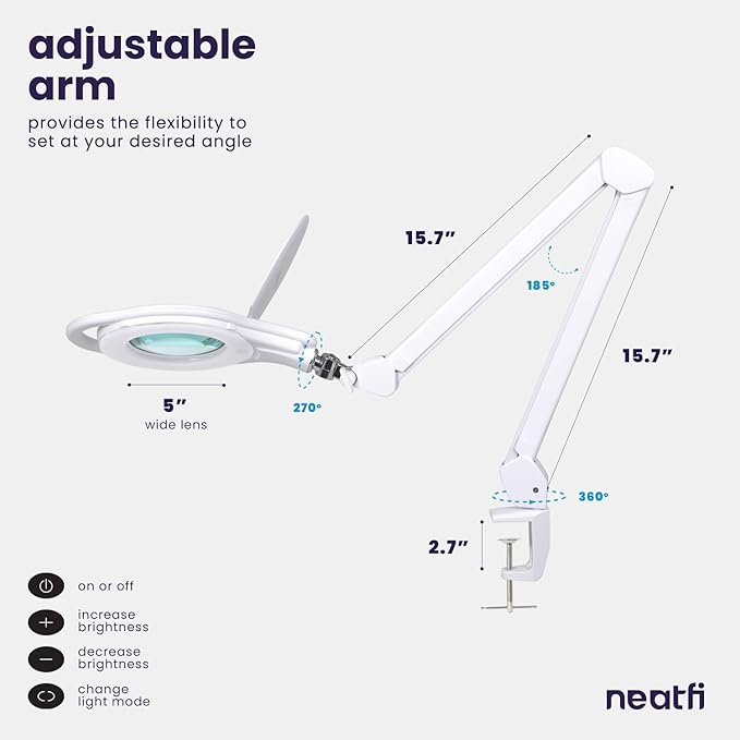 Neatfi Magnifying Lamp with Clamp, 5 Inch Lens, 3 Light Modes, 3000K-6500K, Dimmable, for Sewing, Painting, Jewelry Making, and Reading (White, 8 Diopter)