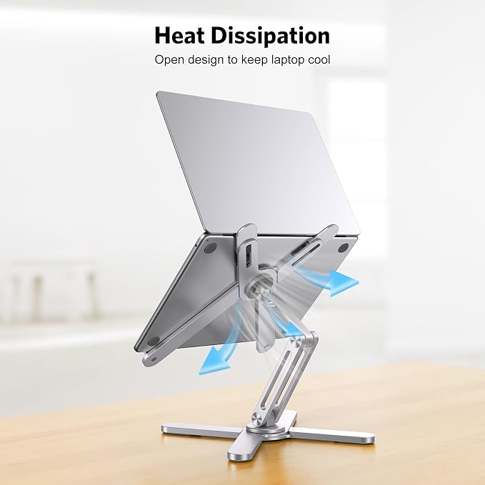 OMOTON LA10 360° Rotating Laptop Stand Riser Foldable for Desk, Silver | Aluminium Aolly, Adjustable Height Angles, Collaborative Work, Easy Storage, Fits Laptops up to 17", for MacBook Pro/Air HP