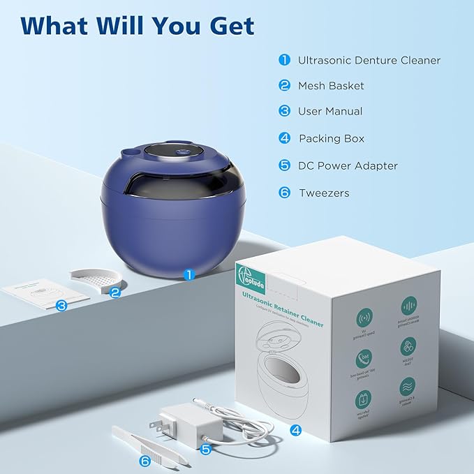 45kHz Ultrasonic Retainer Cleaner Machine, 200ML Denture Cleaner, 4 Modes with Digital Timer Mouth Guard Cleaner for Aligner, Night Guard, Braces, Toothbrush, Jewelry and More (Navy Blue)