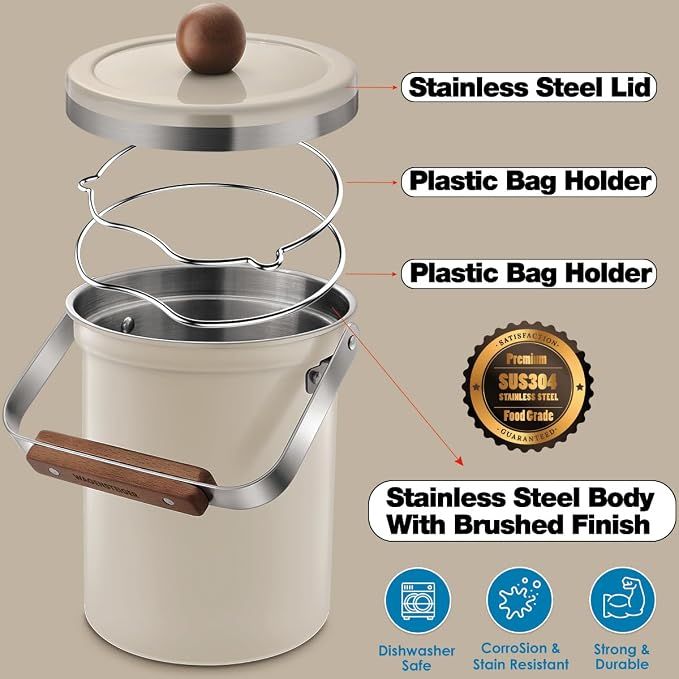 WAGENSTEIGER Kitchen Countertop Compost Bin 101ounces / 3Liters, Airtight Lid SUS304 Stainless Steel Odor-Free Food Waste Bin with Wooden Handle Stylish Design Bathroom Trash Can (Off-White)