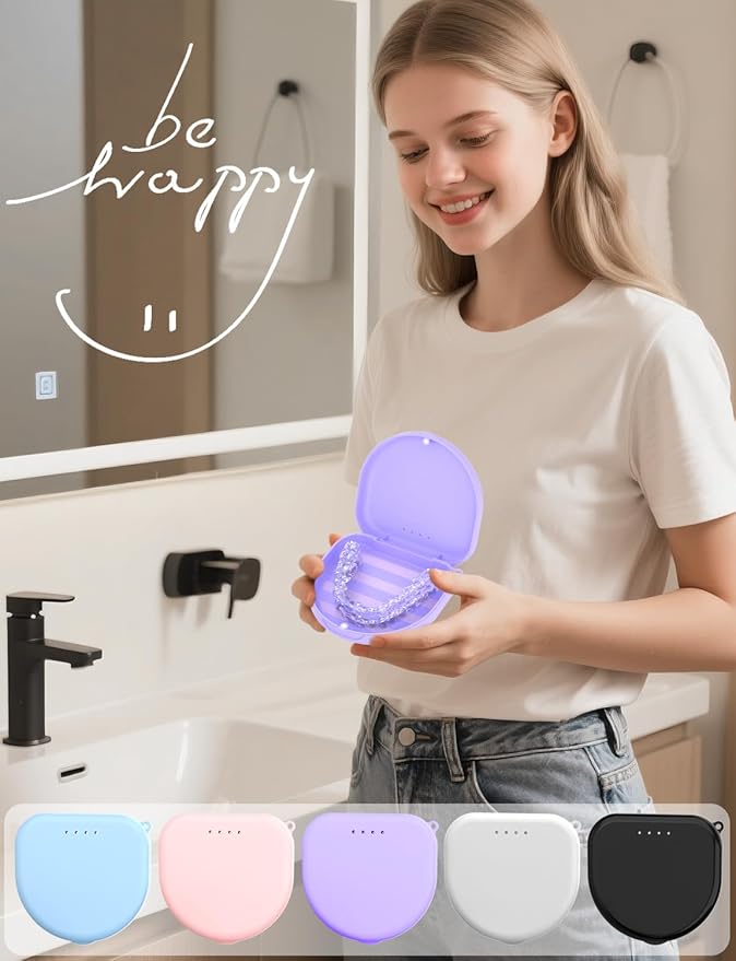 2Pack Retainer Case, Compatible with Invisalign, Slim Aligner Case with Vent Holes, Portable Orthodontic Box with Removal Tool, Brush and Lanyard, Purple