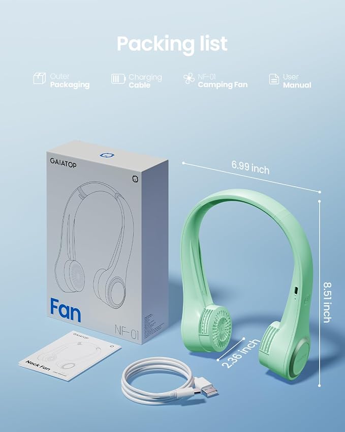 Gaiatop Portable Neck Fan, 4000mAh Rechargeable Hands Free Bladeless Mini Fans, 3 Speeds Air Outlet Can Rotate 70°, Free Adjustment Personal Wearable Cooling Fan Suitable for Travel Office Green