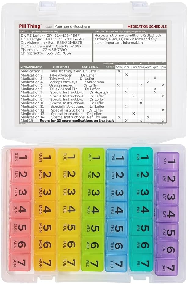 7 Times a Day Weekly Pill Box Organizer Case, Secure 7X Pillbox with Medication Schedule, Includes Premium Lifetime Subscription to Medisafe App (7 Time-a-Day)