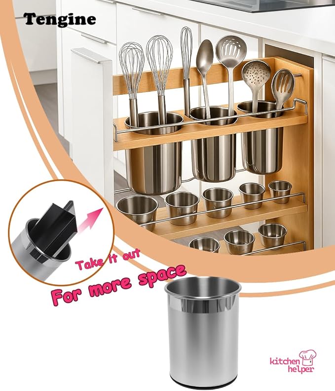 TENGINE Stainless Utensil Holder 360° Rotating 6.5X5.25 Inch Utensil Crocks for Kitchen Counter with Removable Divider Bright