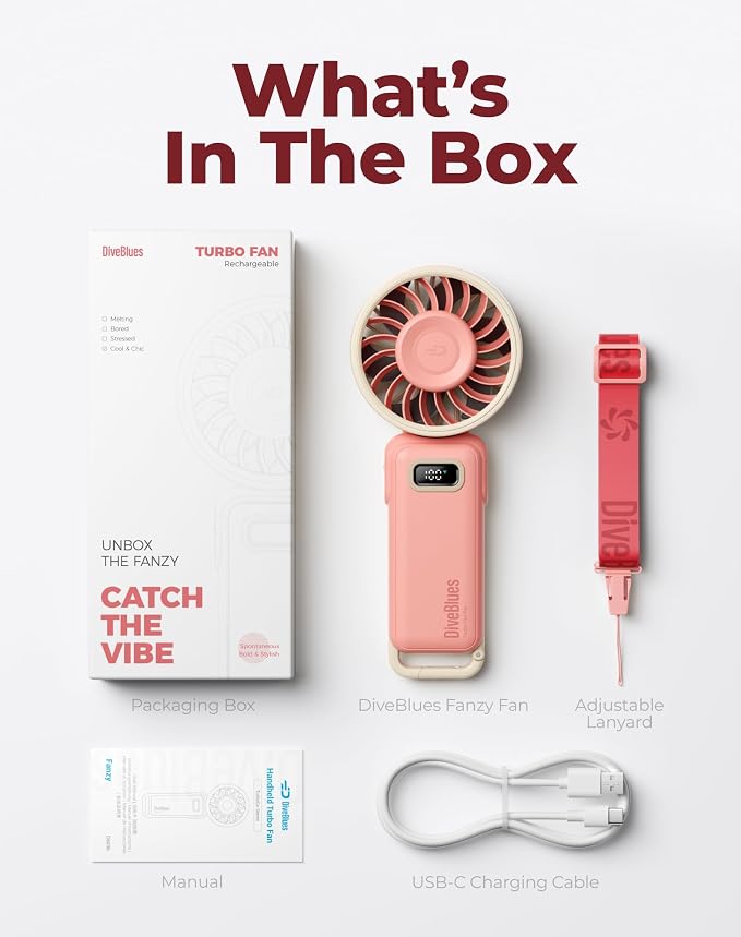Diveblues Portable Turbo Fan, Pink Travel Fan, Wearable Neck Fan | Small High Speed Handheld, 180° Foldable 4-in-1, Personal Neck Fan with Carabiner Clip, 100 Speed Stepless Control