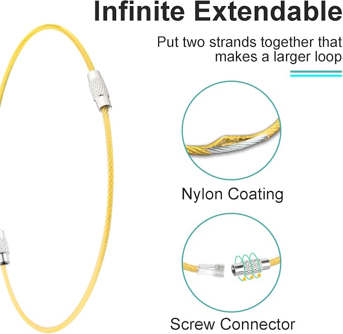 CooBigo 12 Pack Stainless Steel Loops 2mm Coated Wire Keychain Cable Large Key Rings 6 inch Key Chain for Women, Luggage Tags, Key Tags, Keyrings, Kitchen Utensils, Duster - Yellow