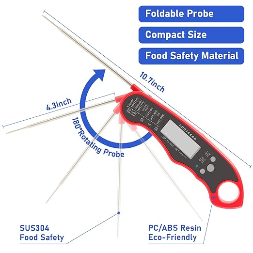 Lonicera Meat Thermometer Digital for Cooking Food. Waterproof & Instant Read for Kitchen Baking, BBQ. with Foldable Probe, Backlight & Calibration (Red)