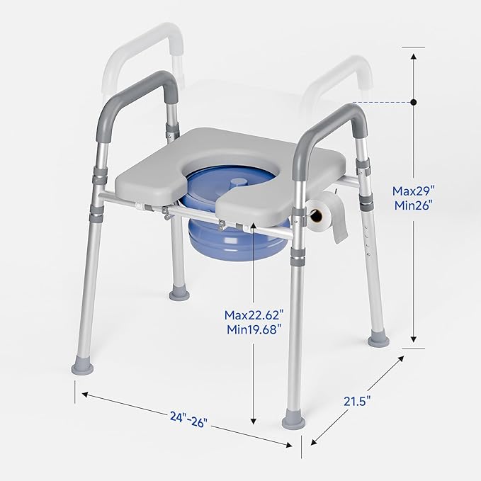 Bedside Commode with Bucket for Seniors, Toilet Chair with Padded Handles & Seat, 400 LBS Bedside Toilet with Adjustable Height & Width for Pregnant, Disabled, Handicapped,(Gray)