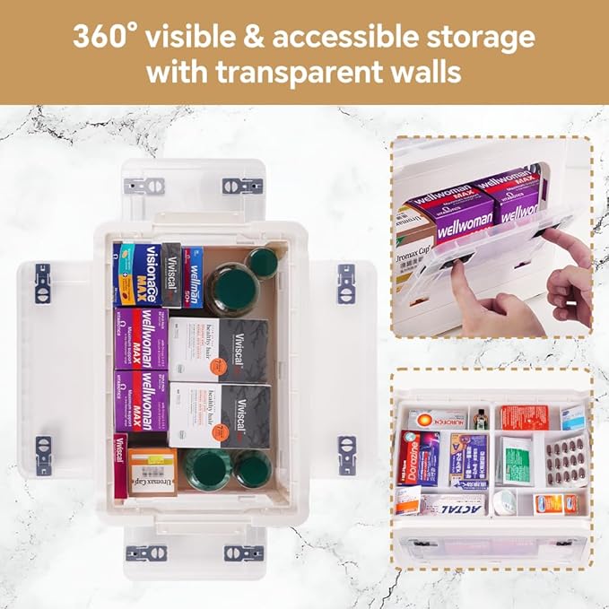 DOUKE 30qt Medicine Organizer Storage Box – Plastic First Aid Box Empty with Lid, Stackable Medical Container with Handle & Wheels, Sturdy BPA-Free Case with Tray for Medication & Supplies